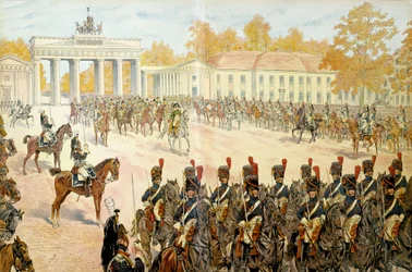 Am 27. Oktober 1806 zogen Napoleon I. Bonaparte (1769-1821) und seine Armee in Berlin ein. In „Napoleon“ von Georges Montorgueil. Illustration von Jacques Marie Gaston Onfray de Breville dit JOB (1858-1931)