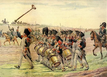 Ein Regiment der napoleonischen Armee marschiert zum Klang der Musik in die Schlacht, um 1900