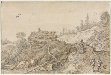 Hügelige Landschaft mit Hütte neben einem Bach